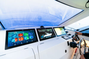 Close up view of the windscreen and visual displays at the helm of Edencraft International's New 255 Formula 